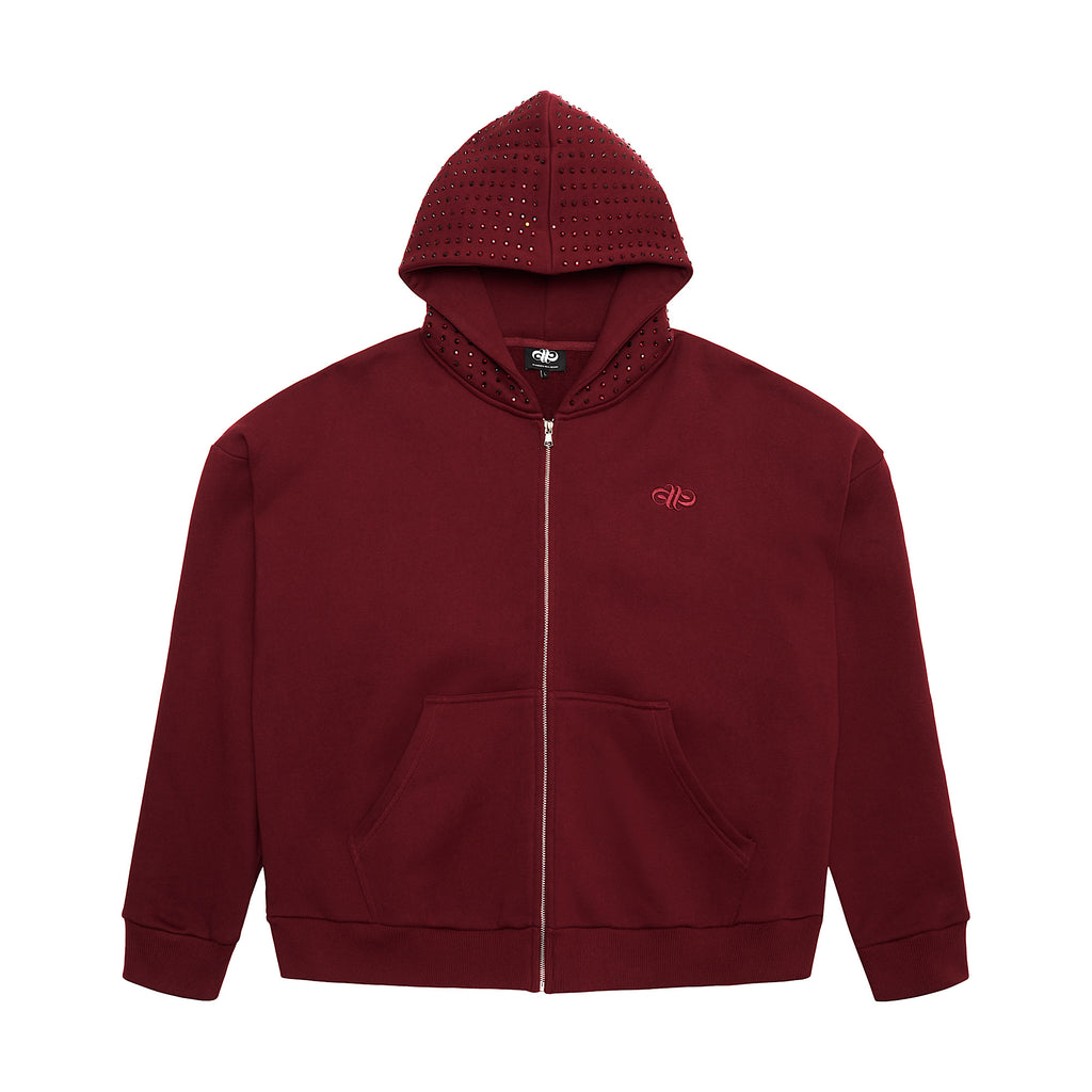 OVERSIZED EMBELLISHED ZIP HOODIE - BURGUNDY