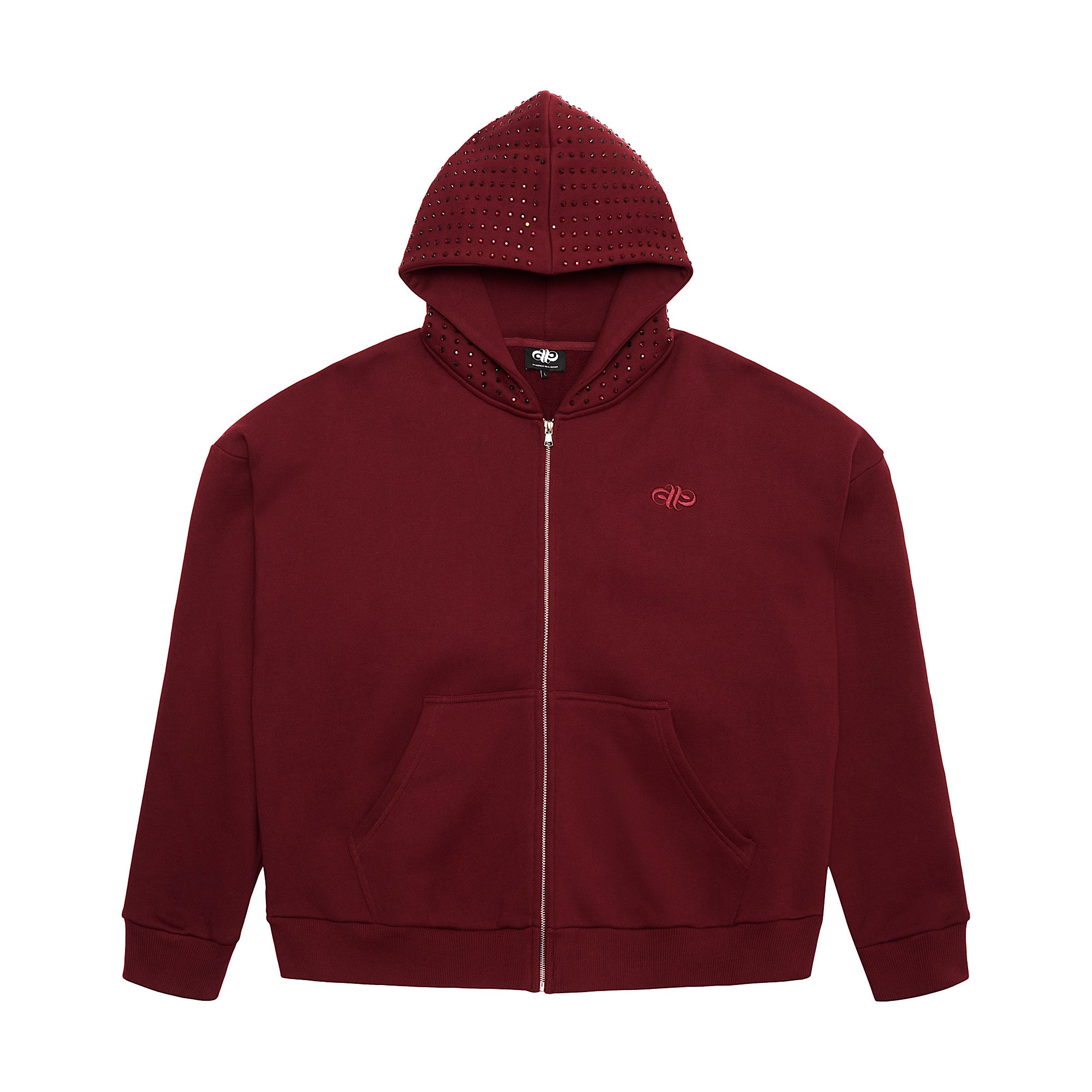 OVERSIZED EMBELLISHED ZIP HOODIE - BURGUNDY