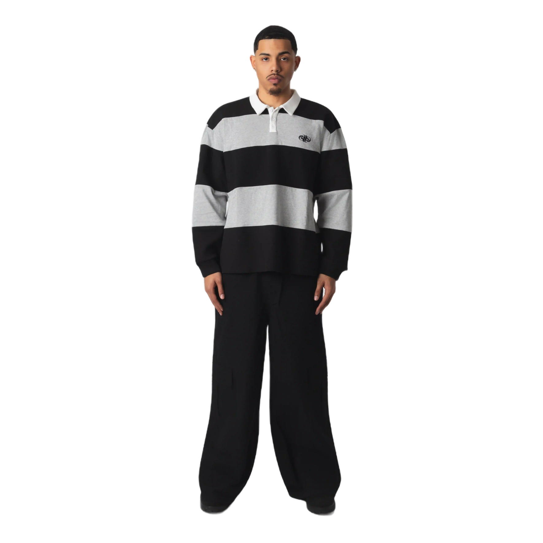 STRIPED RUGBY POLO - BLACK/GREY