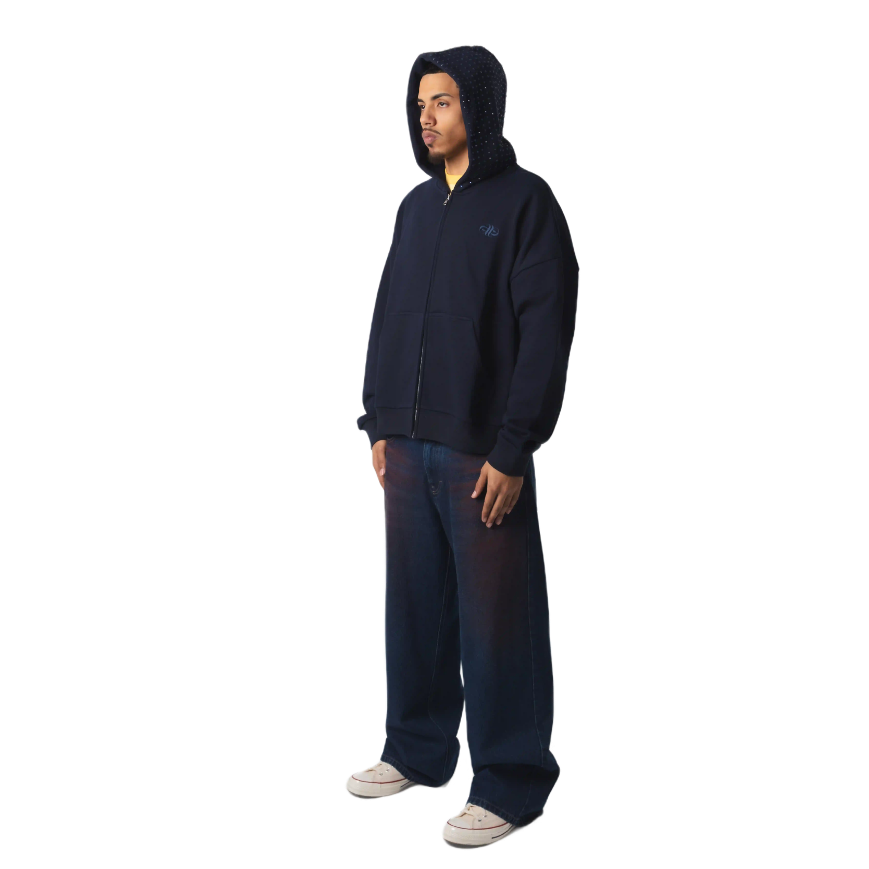 OVERSIZED EMBELLISHED ZIP HOODIE - NAVY