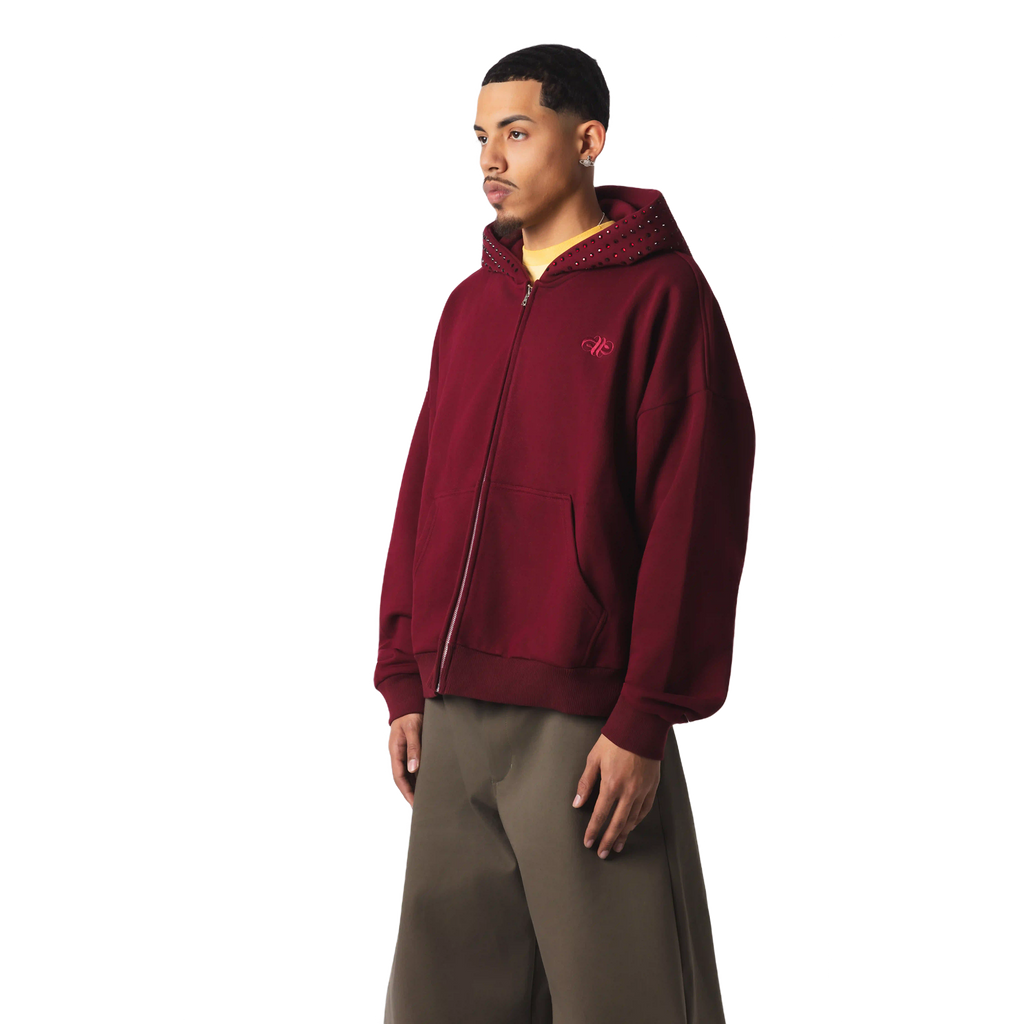 OVERSIZED EMBELLISHED ZIP HOODIE - BURGUNDY
