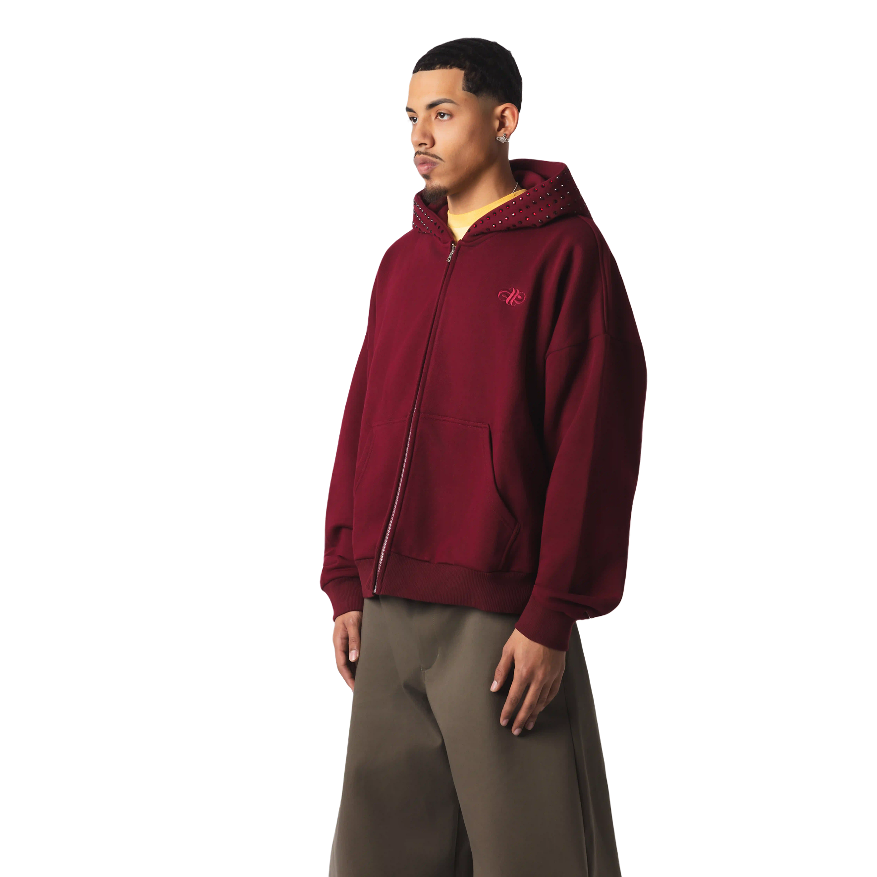 OVERSIZED EMBELLISHED ZIP HOODIE - BURGUNDY