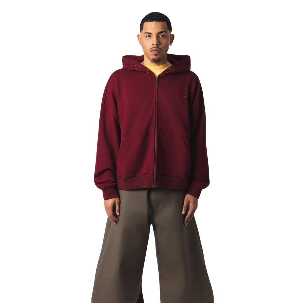 OVERSIZED EMBELLISHED ZIP HOODIE - BURGUNDY