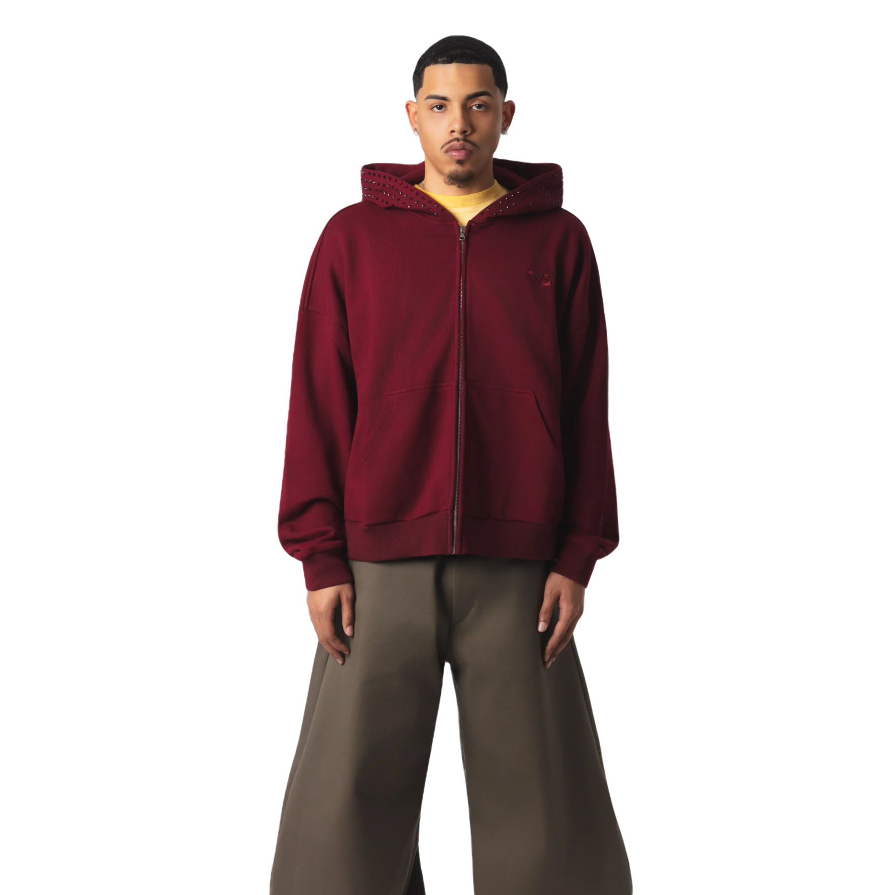 OVERSIZED EMBELLISHED ZIP HOODIE - BURGUNDY