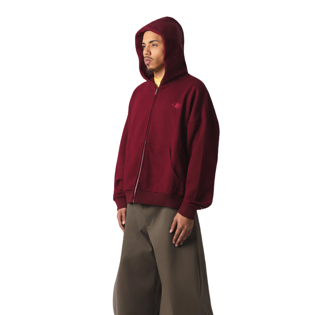 OVERSIZED EMBELLISHED ZIP HOODIE - BURGUNDY