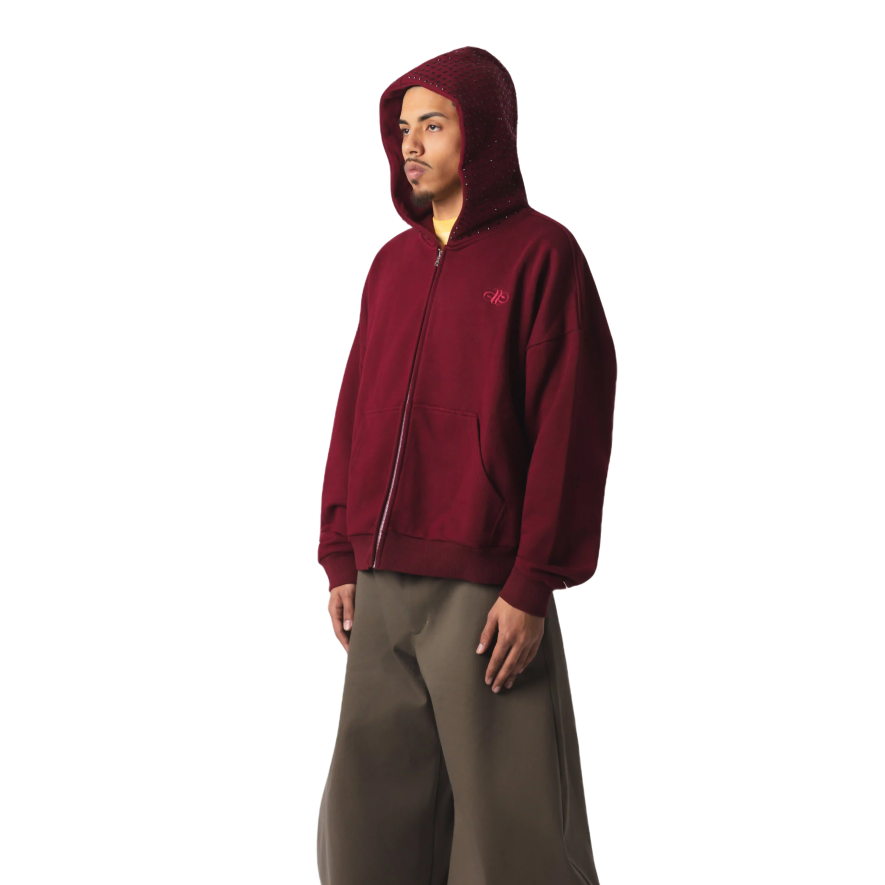 OVERSIZED EMBELLISHED ZIP HOODIE - BURGUNDY